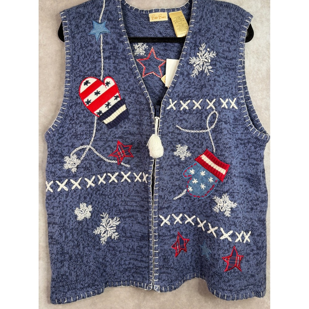 NWT VTG Bobbie Brooks Sweater Vest XL Navy Holiday Mitten Snowflake Americana